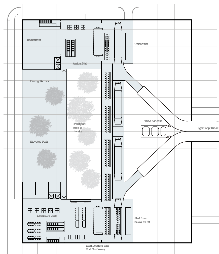 Plan of the Upper Level. The arrival platform is at the top of the drawing. The departure platform is at the bottom of the drawing